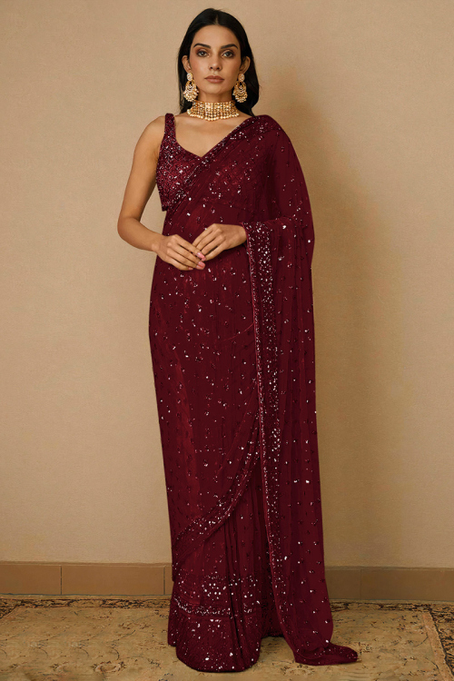 Dori Embroidered Dark Maroon Fancy Saree In Net 
