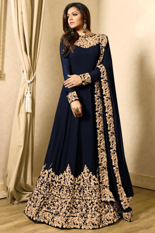 Georgette Navy Blue Wedding Anarkali Suit With Copper Dori Work