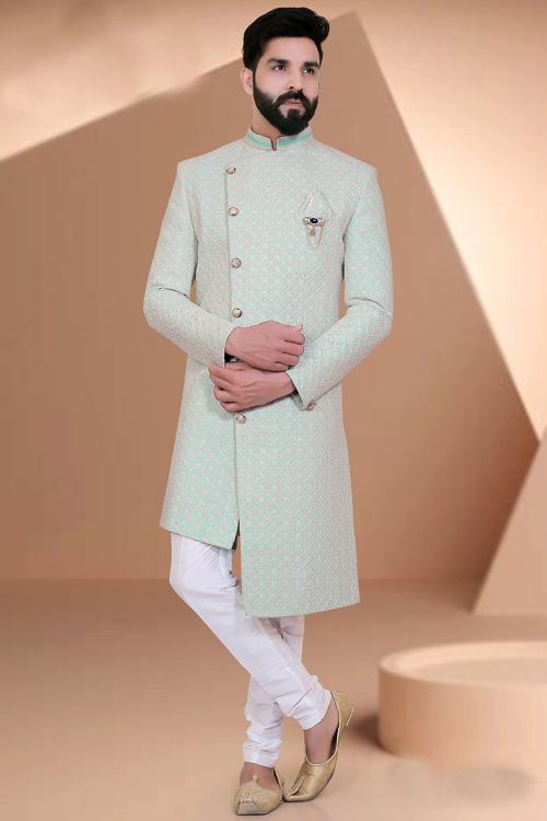 Resham Embroidered Jacquard Mint Green Men Sherwani