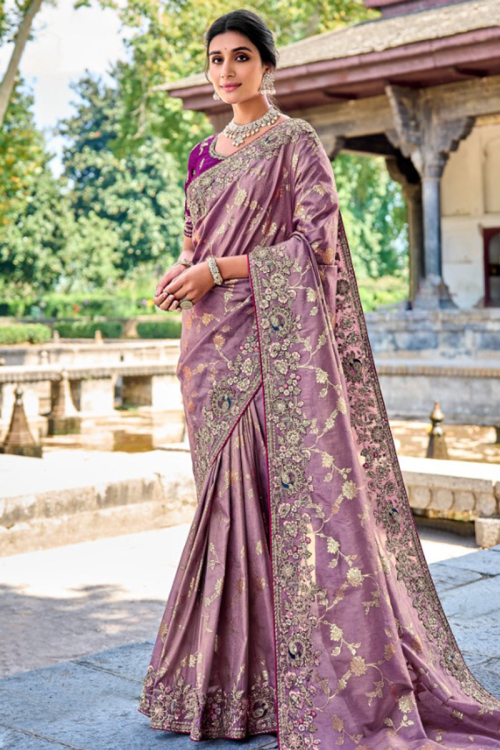 Resham Embroidered Lavender Purple Silk Heavy Saree 