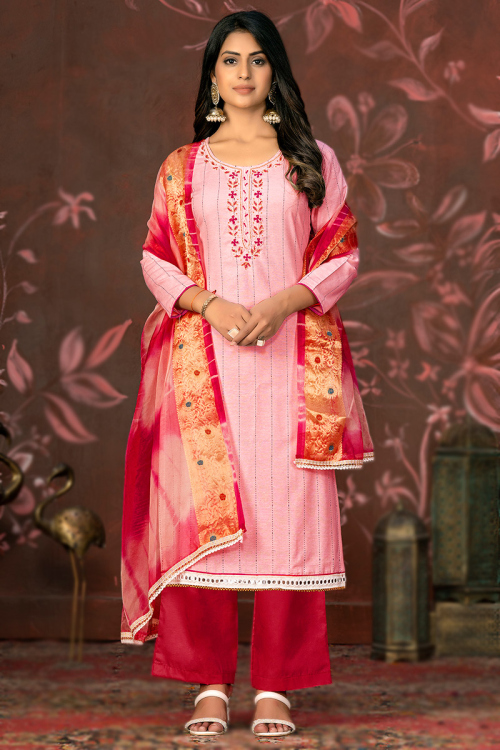 Resham Embroidered Light Pink Cotton Straight Cut Salwar Kameez