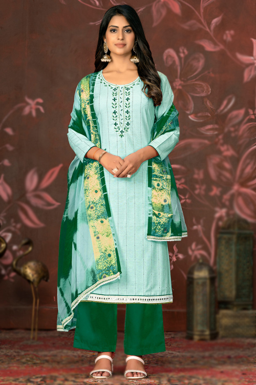 Mint Blue Cotton Resham Embroidered Straight Cut Salwar Suit