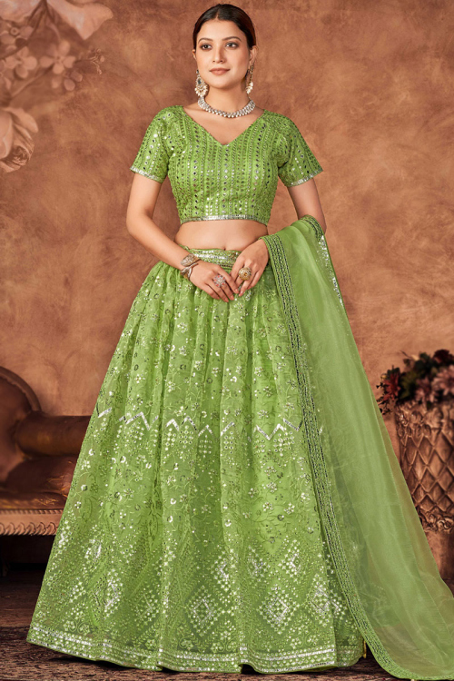 Resham Embroidered Organza Pistachio Green Lehenga