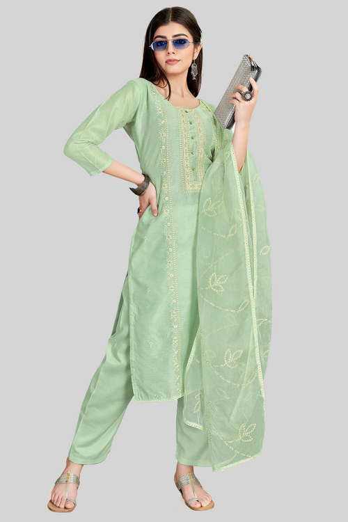Resham Embroidered Pistachio Green Chanderi Silk Straight Indian Style Suit