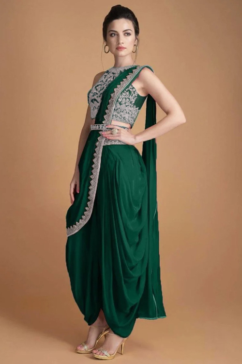 Resham Embroidered Silk Bottle Green Dhoti Style Saree