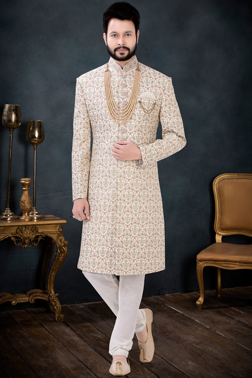 Resham Embroidered Silk Cream Men Sherwani