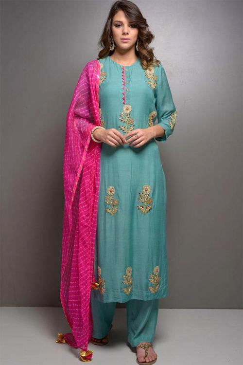 Seafoam Green Silk Resham Embroidered Indian Palazzo Salwar Suit