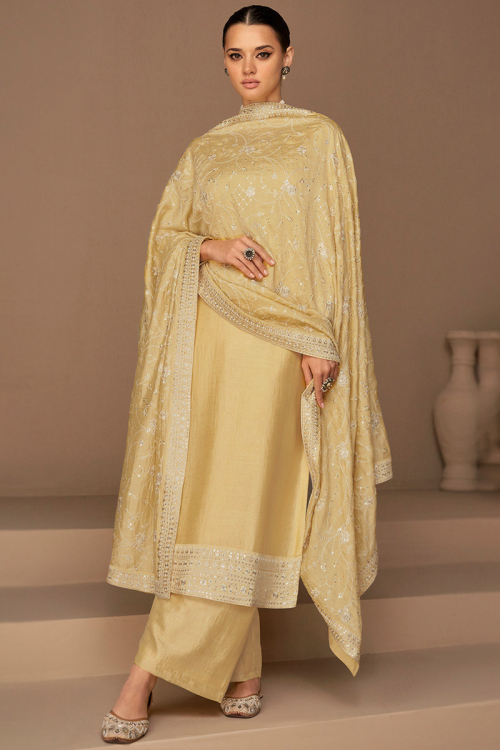 Resham Embroidered Silk Mustard Yellow Palazzo Suit