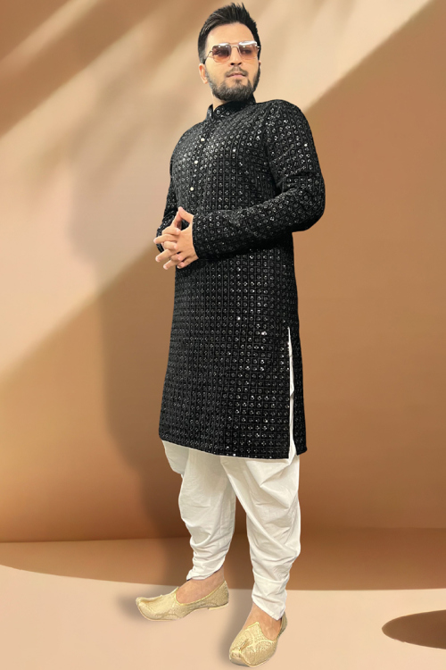 Resham Embroidered Velvet Black Straight Cut Men's Dhoti Kurta