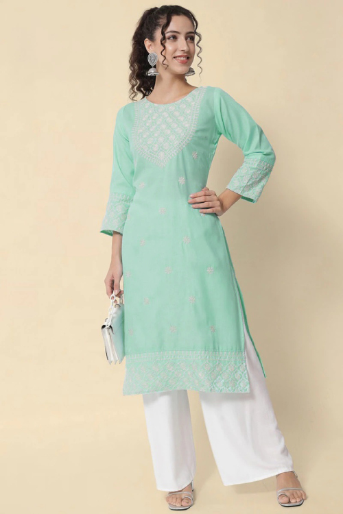 Resham Thread Embroidered Cotton Kurti in Mint Blue Color