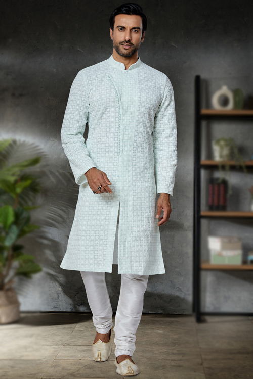 Resham Thread Embroidered Cotton Mint Blue Men's Sherwani