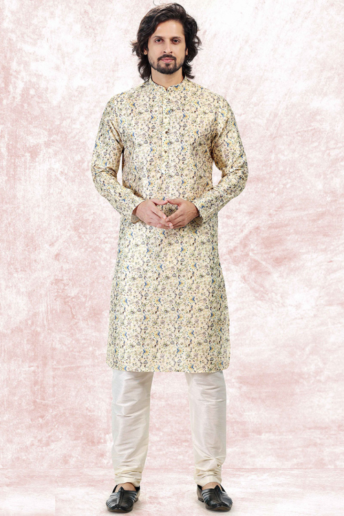Resham Thread Embroidered Cream Beige Men's Kurta Churidar