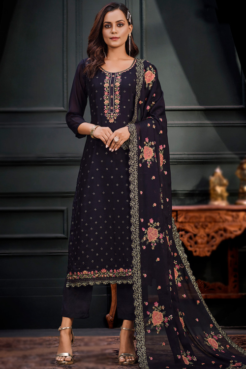 Resham Thread Embroidered Georgette Dark Blue Trouser Suit