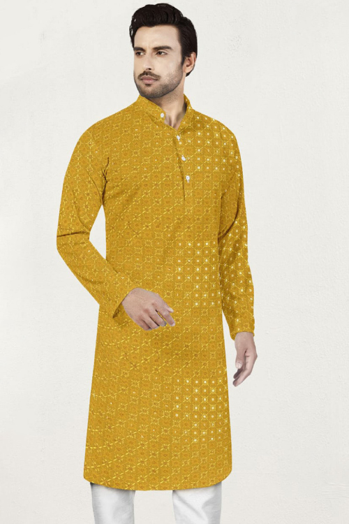 Resham Work Embroidered Cotton Mustard Yellow Men Kurta Pajama