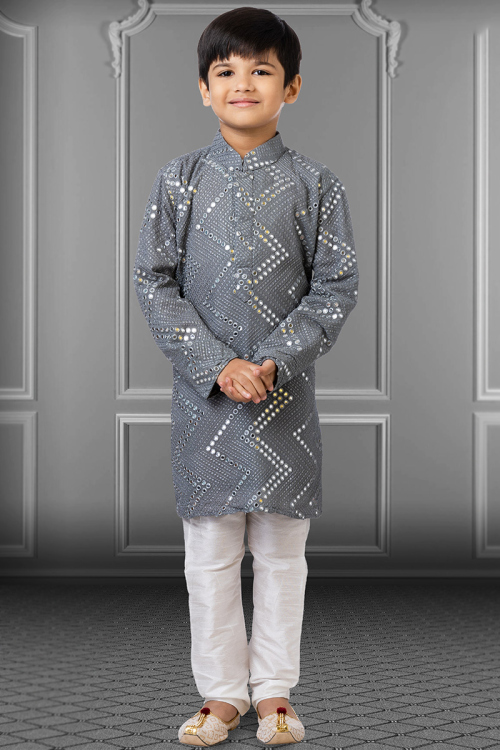 Resham Work Embroidered Georgette Steel Grey kid's Kurta churidar