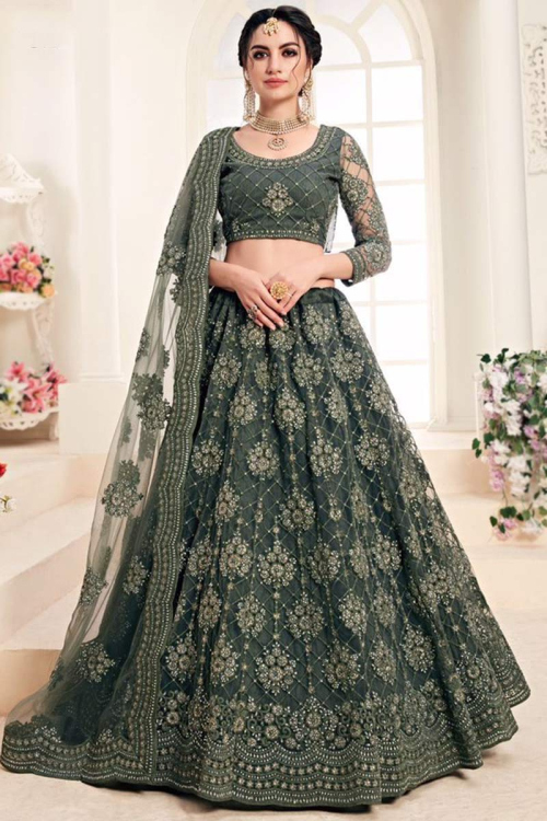Resham Embroidered Net Dusty Green Lehenga