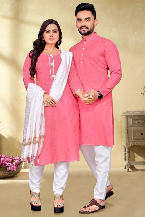 Rose Pink Cotton Embroidered Casual Wear Suit