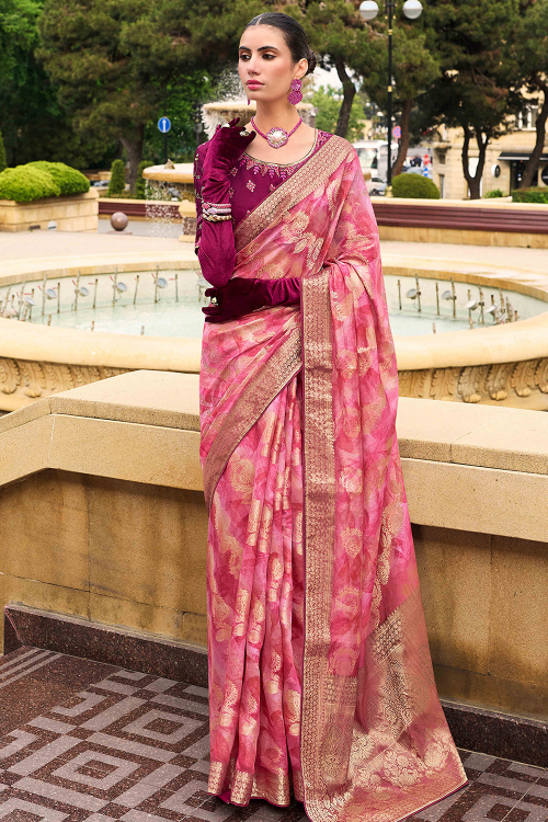 Rose Pink Silk Blend Saree With Woven Zari Work For Diwali