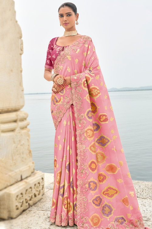 Rose Pink Soft Silk Saree with Zari Work for Diwali Wear