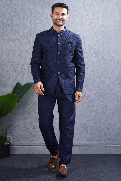 Royal Blue Art Silk Jodhpuri Style Men&#039;s Sherwani With Sequins Work