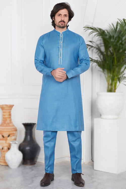 Royal Blue Casual Wear Cotton Straight Cut Men's Kurta Pajama 
