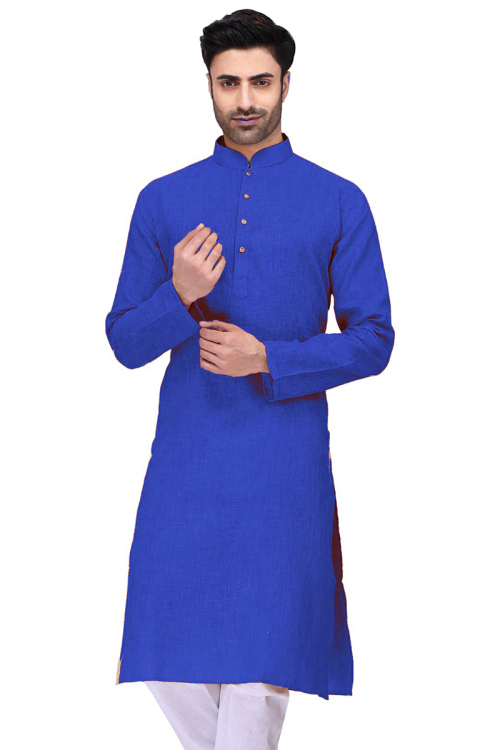 Royal Blue Cotton Plain Men Kurta