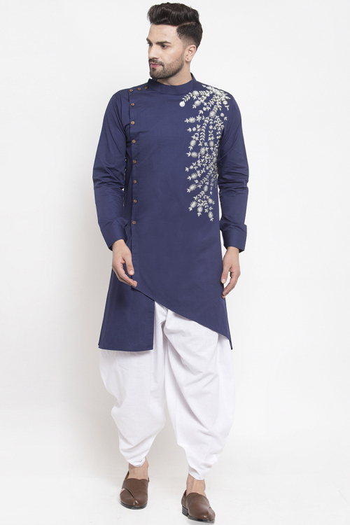Royal Blue Cotton Embroidered Indo-Western Men's Kurta Dhoti 