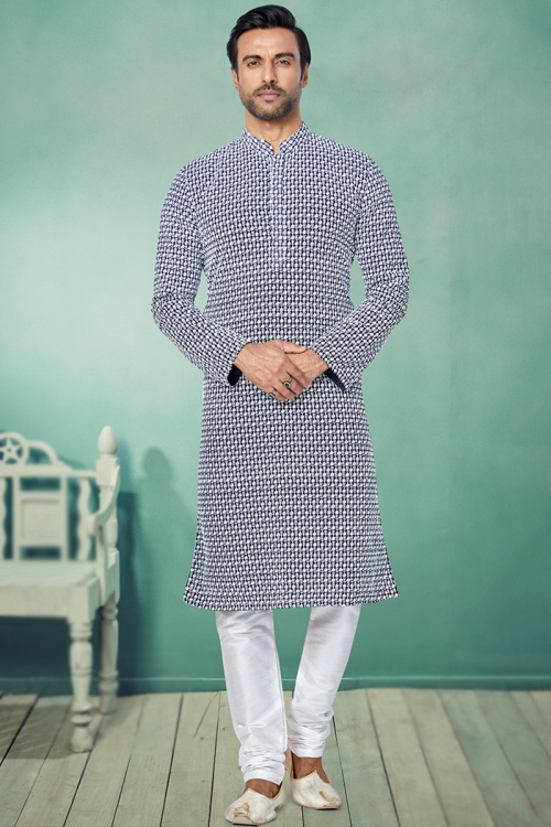 Royal Blue Georgette Churidar Men Kurta Pajama
