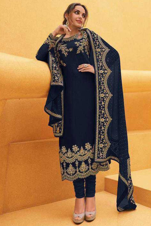 Navy Blue Georgette Embroidered Churidar Salwar Suit