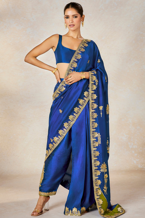 Royal Blue Raw Silk Indo-Western Saree with Zari Work for Diwali Parties