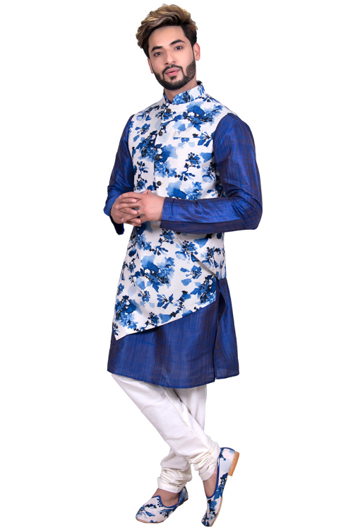 Royal Blue Raw Silk Kurta Set With Asymmetric Waist Coat