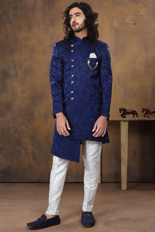 Royal Blue Suede Assymetrical Woven Men Sherwani