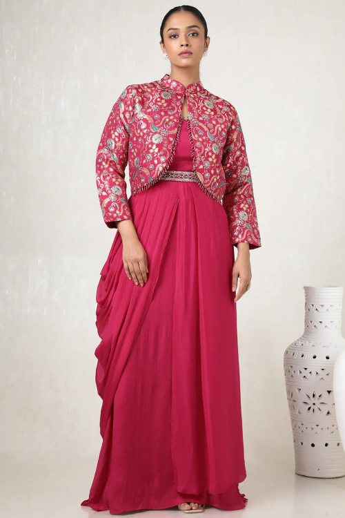 Ruby Pink Chinnon Gown with Zari Work for Party Wear