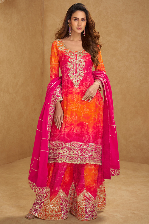 Ruby Pink Chinnon Palazzo Suit With Printed Work For Festival
