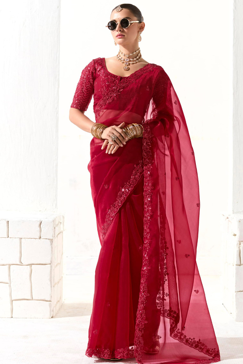 Ruby Pink Organza Saree With Sequins Work For Diwali