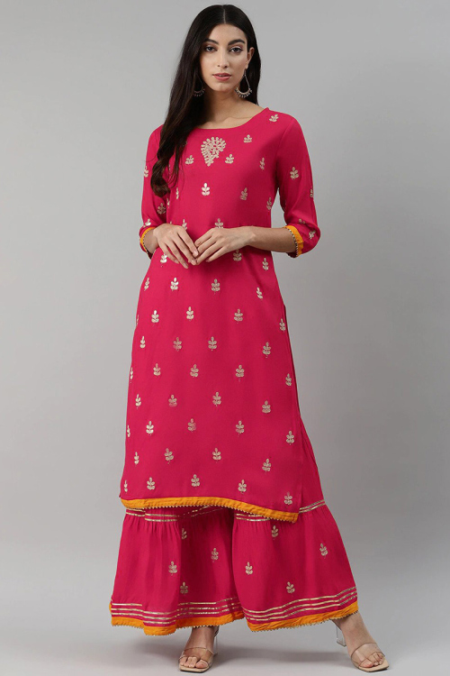 Gota Patti Work Party Wear Kurti in Ruby Pink Rayon