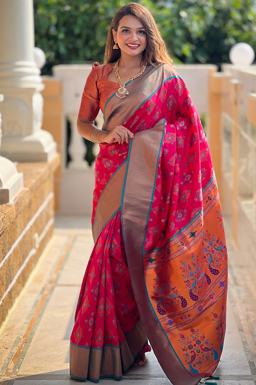 Ruby Pink Silk Blend Weaved Broad Border Saree