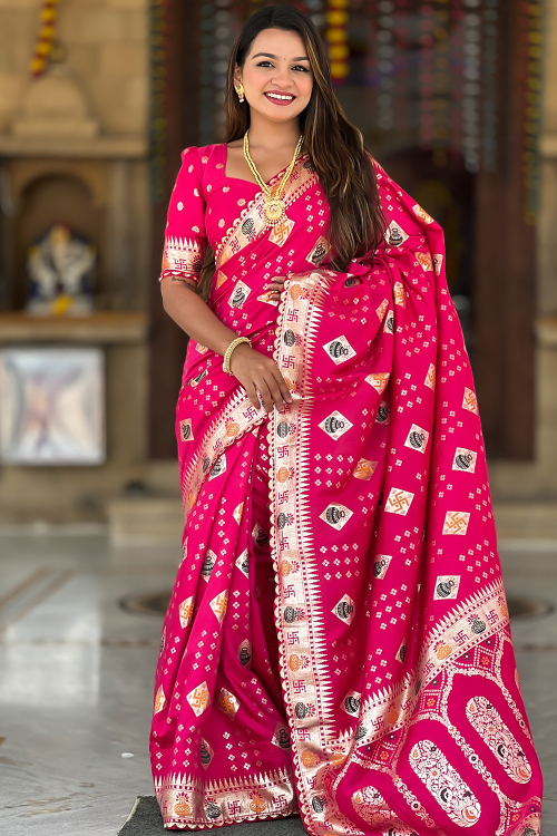 Ruby Pink Silk Blend Weaved Broad Border Saree