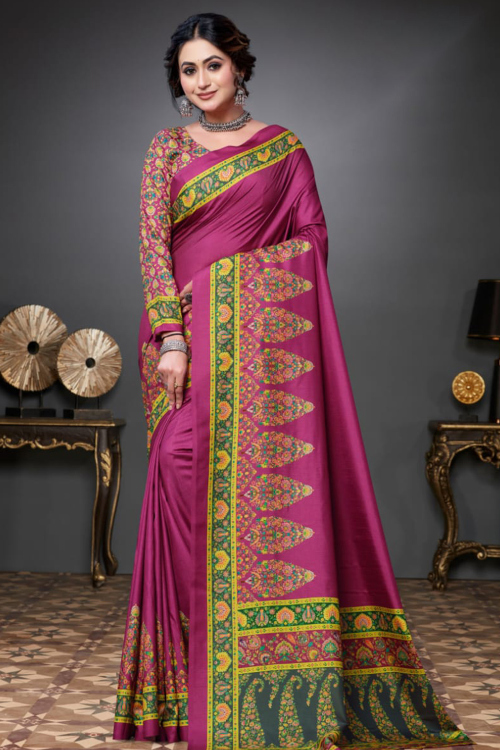 Ruby Pink Soft Silk Saree With Printed Work For Festival