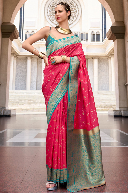 Ruby Pink Soft Silk Saree With Weaved Work For Sangeet