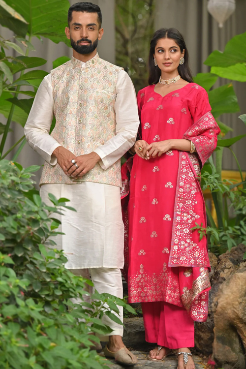 Ruby Red And Off White Silk Woven Zari Couple's Outfit