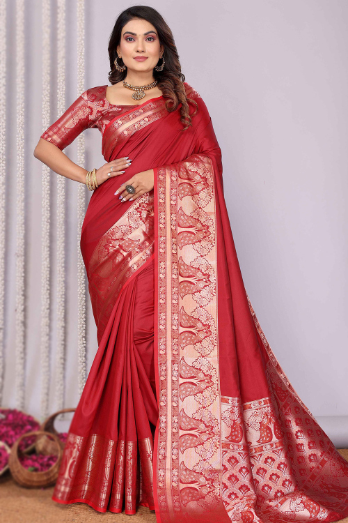 Ruby Red Art Silk Broad Border Saree With Weaved Work