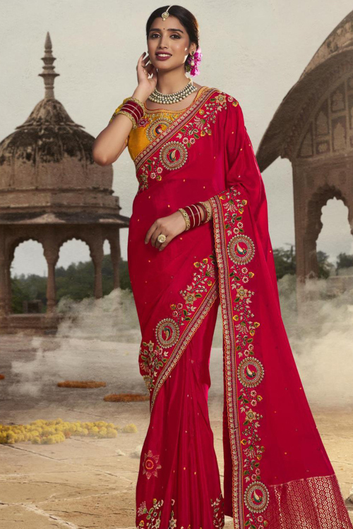Ruby Red Art Silk Saree With Zari Work For Weddings