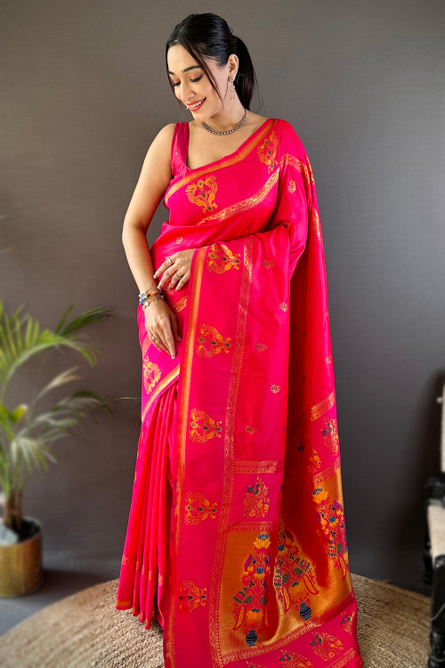 Ruby Red Art Silk Weaved Broad Border Saree 