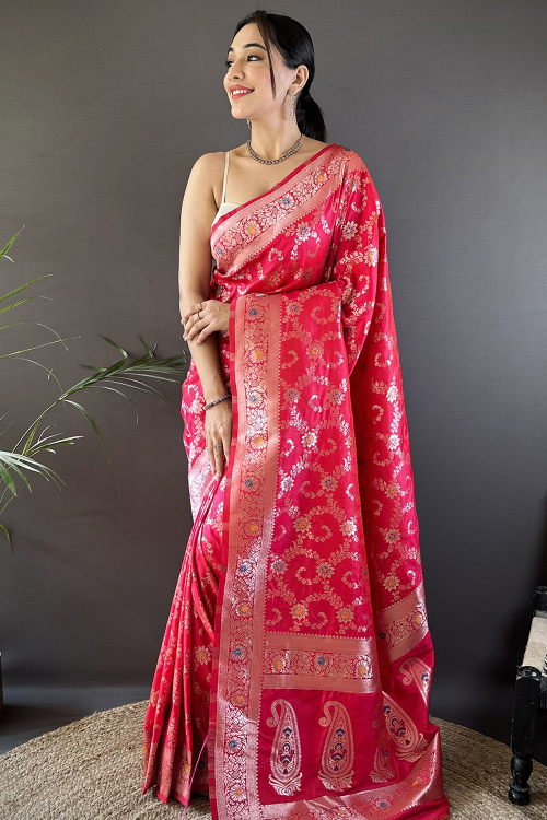 Ruby Red Art Silk Weaved Saree For Festival