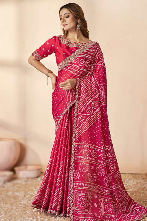 Ruby Red Bandhej Print Silk Saree For Wedding 