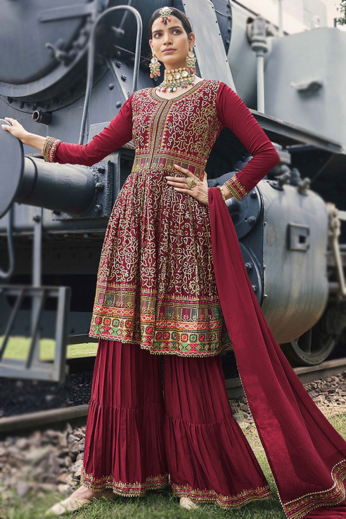 Ruby Red Chiffon Ankle Length Sharara Suit