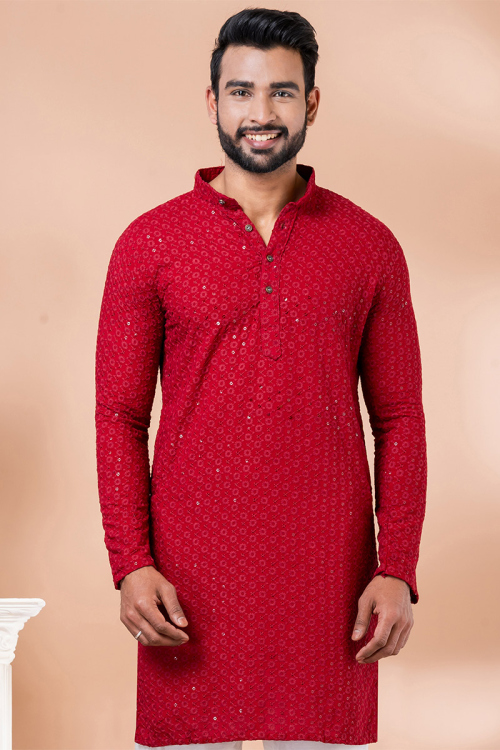 Ruby Red Chikankari Embroidered Rayon Men's Kurta For Sangeet 