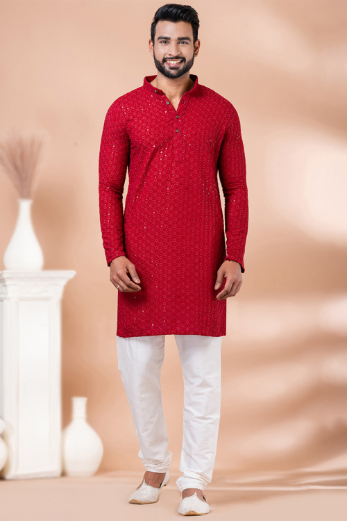 Ruby Red Chikankari Embroidered Rayon Men's Kurta Pajama 
