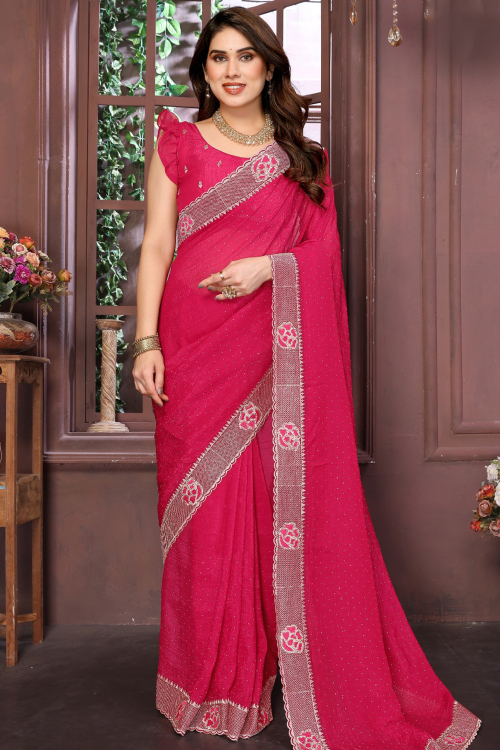 Ruby Red Chinnon Saree With Zari Work For Diwali